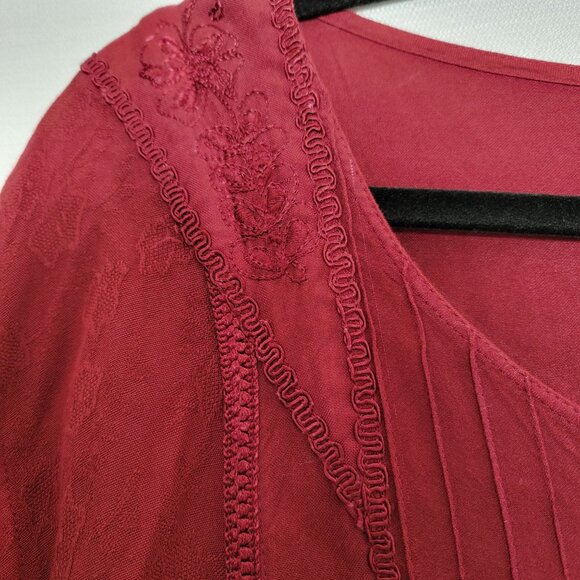 Jewel Queen Tunic Top Womens Sz 3X Button Up 3/4 Sleeves Embroidered Drk Red NWT - Picture 11 of 13